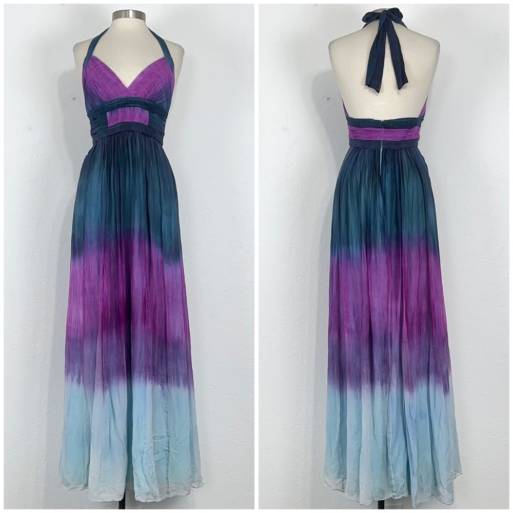 Vintage Babydoll Mermaid Silk Halter Maxi Dress Sz 8 Open Back Flowy Ethereal